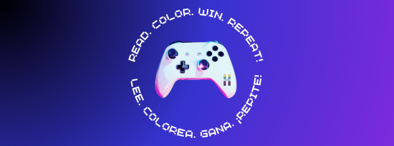 Video game controller with bilingual text around it: “Read. Color. Win. Repeat!” and “Lee. Colorea. Gana. ¡Repite!”