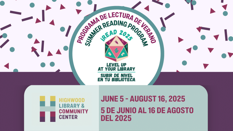 Highwood Library & Community Center Summer Reading Program 2025. Theme: "Level Up at Your Library." Program runs June 5 to August 16, 2025. Dates also shown in Spanish. Includes a colorful 20-sided die and bilingual text.